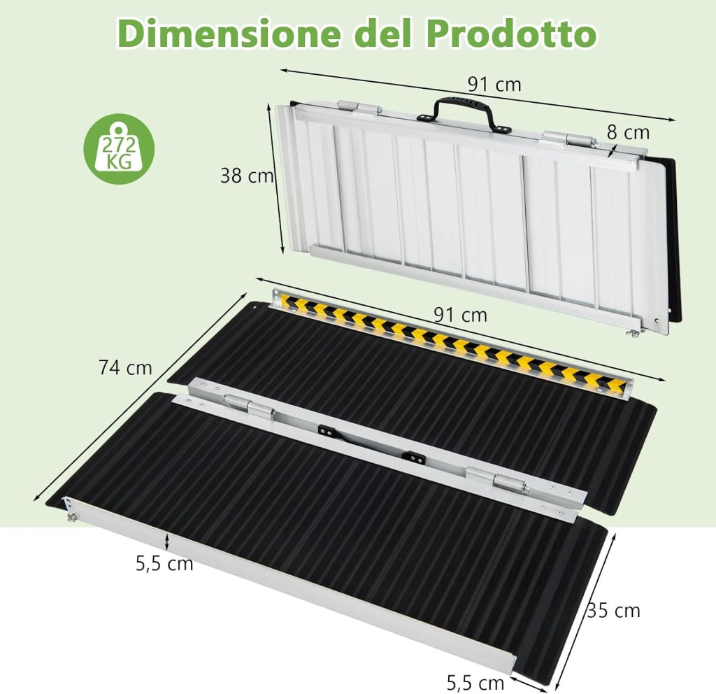 Set di 2 Rampa per Sedie a Rotelle in Alluminio, Rampa Telescopica Pieghevole con Superficie Antiscivolo, Capacità di Carico di 272 kg, per Soglie, Gradini, Scale (91 x 74cm)