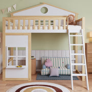 Letto a castello casa 90x200 cm bianco naturale con scala e protezioni