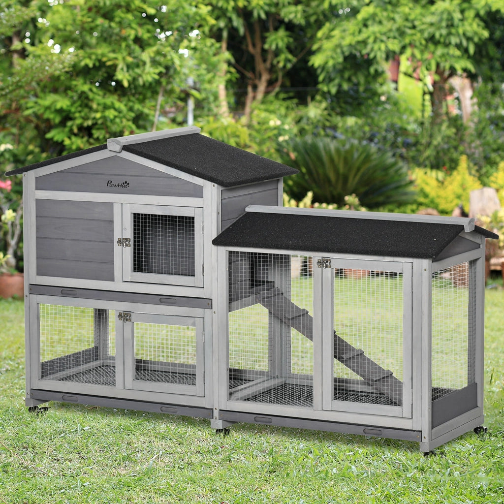Gabbia conigli 2 piani legno massello ¨C Xylo ¨C 157x53x99 cm con tetto impermeabile, grigio