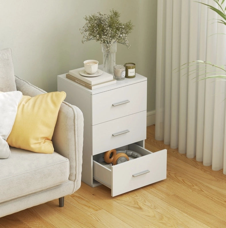 Comodino bianco con 3 cassetti e struttura in MDF