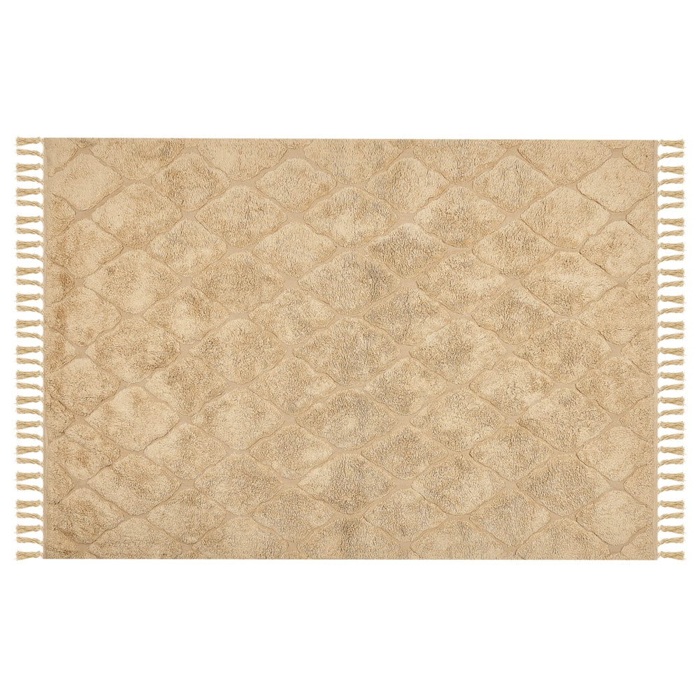 Tappeto beige in cotone trapuntato motivo geometrico con nappe 140 x 200 cm stile boho soggiorno camera da letto