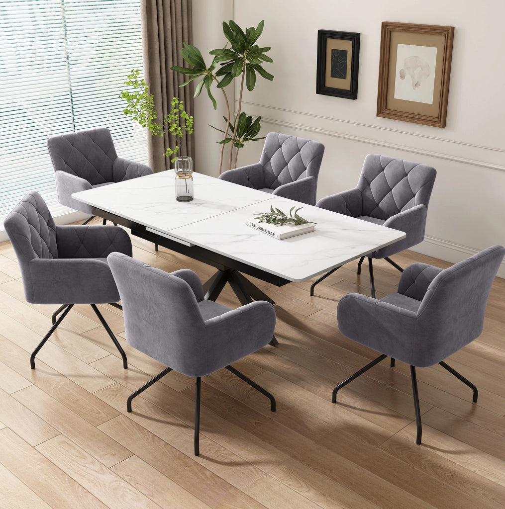Set di 4 sedie da pranzo imbottite con braccioli in velluto grigio scuro e gambe in metallo