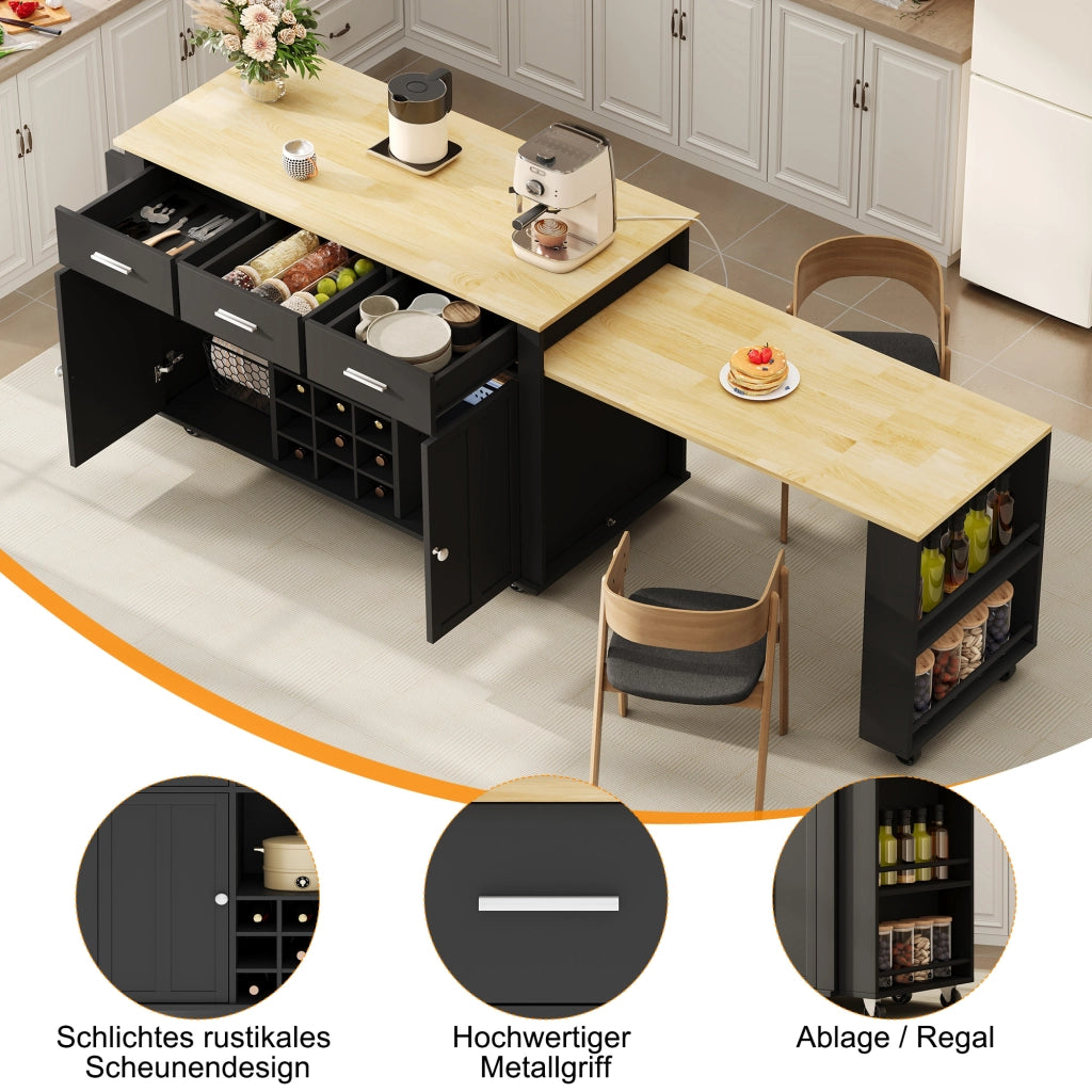 CUCINA Isola con piano estraibile 136(223)x50x93 cm MDF Nero/Naturale