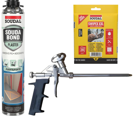 Soudal BOX 10 PZ SCHIUMA POLIURETANICA PER CARTONGESSO PER PISTOLA ml.750 + PISTOLA + 1 CF DI SWIPEX