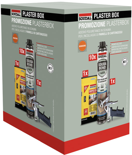 Soudal BOX 10 PZ SCHIUMA POLIURETANICA PER CARTONGESSO PER PISTOLA ml.750 + PISTOLA + 1 CF DI SWIPEX