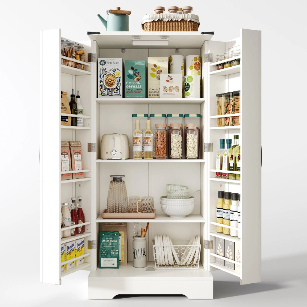 Credenza cucina 60x35x128.5 cm con illuminazione LED e ripiani regolabili in MDF bianco