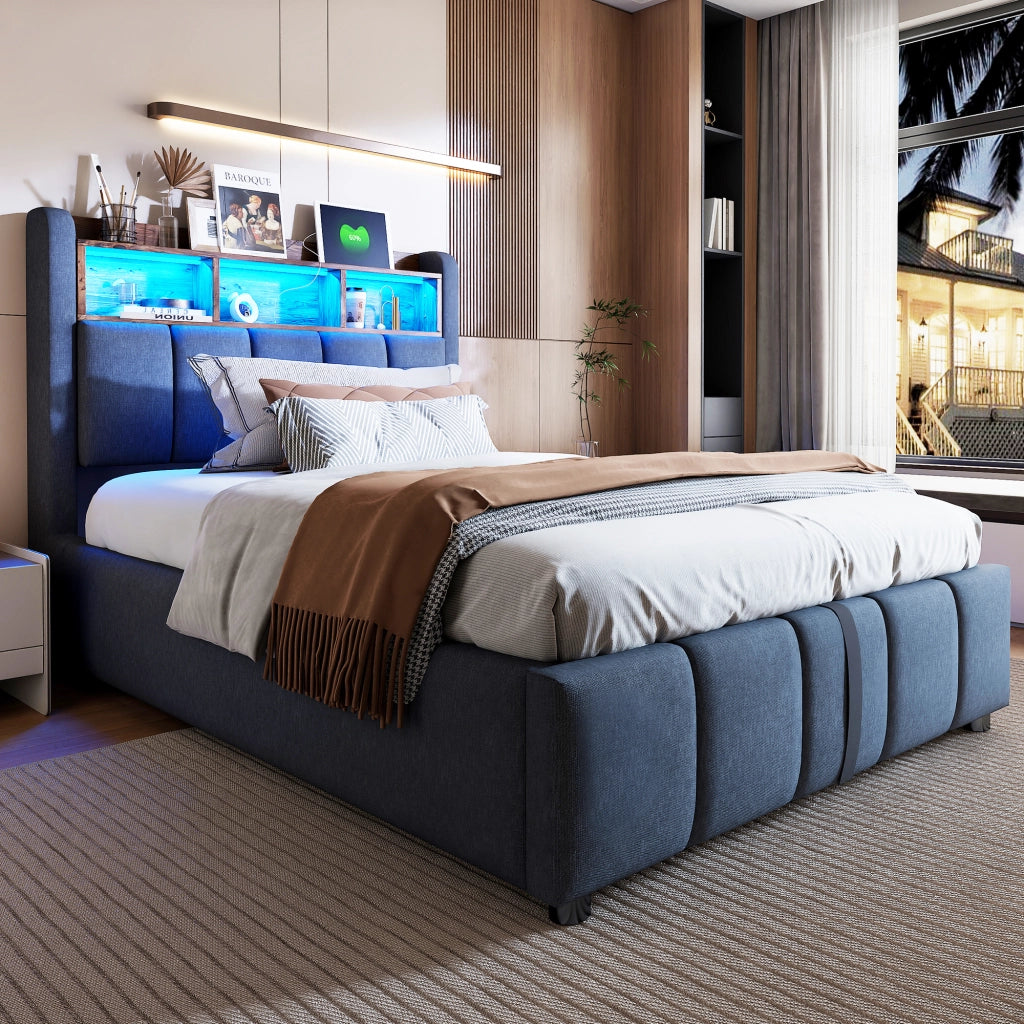 Letto imbottito singolo 90x200 cm con contenitore idraulico, LED RGB, USB e testiera con ripiani, grigio