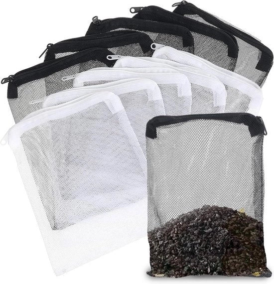 10 sacchi di filtro per acquario con chiusura a cerniera, seta fina riutilizzabile, per attivato carbonio, bio-balle, rimozione ammoniaco, colore nero/bianco