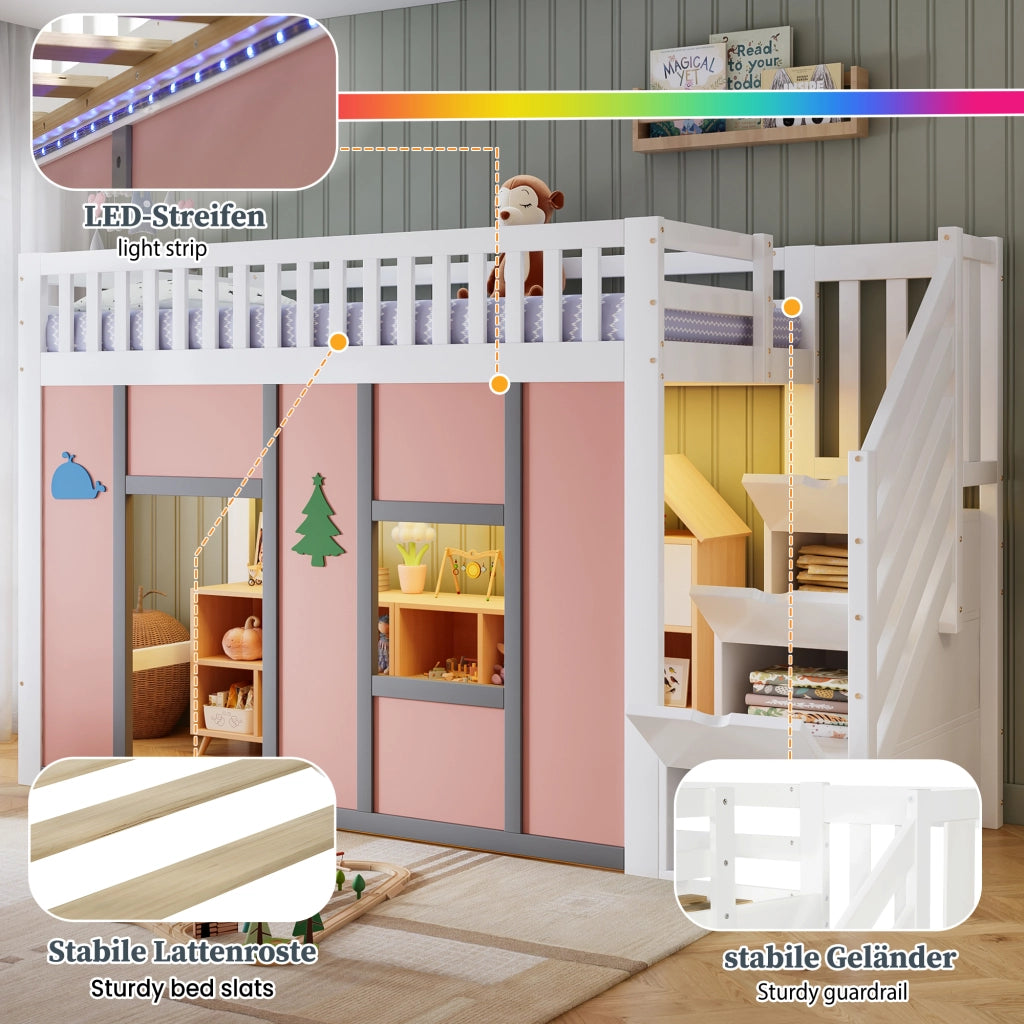 Letto a soppalco per bambini 90 × 200 cm con scala contenitore, LED, barriera di sicurezza, senza materasso, bianco rosa