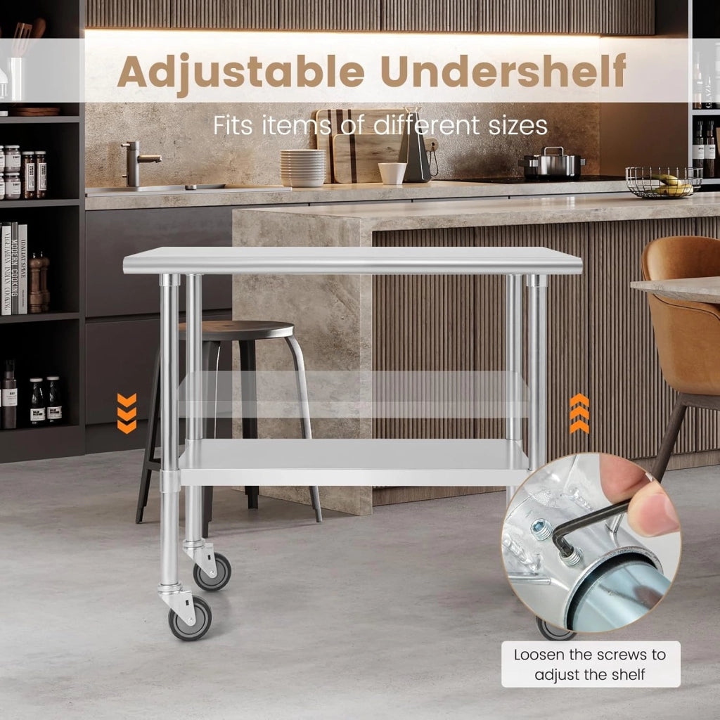 carrello portautensili in acciaio inox con ruote, altezza regolabile, tavolo da cucina per preparazione cibi a 2 livelli, tavolo smontabile con capacità di carico 250 kg per ristorante e