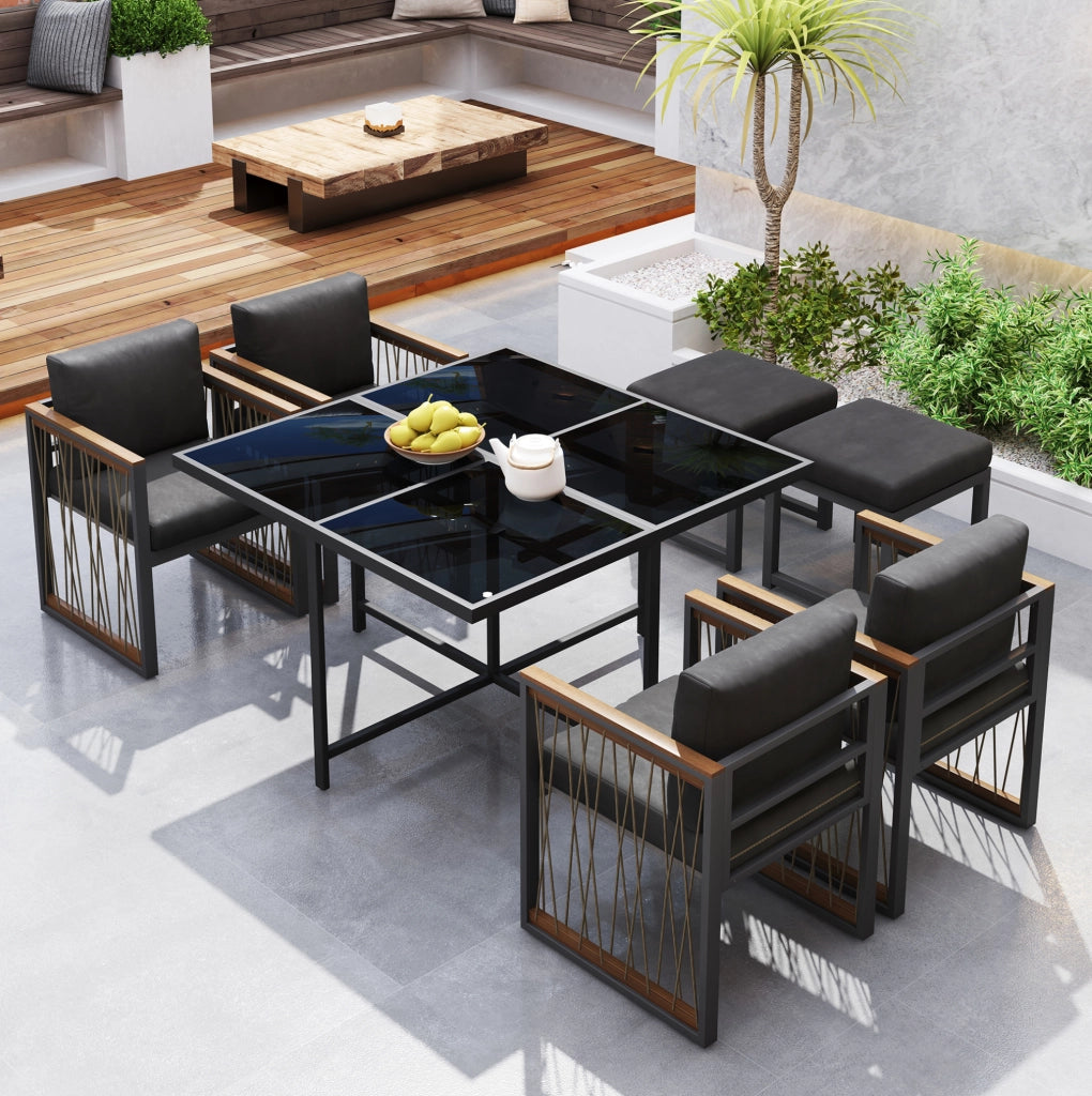 Set da giardino 7 pezzi per 6 persone， 117 x 117 cm， vetro temperato nero e legno