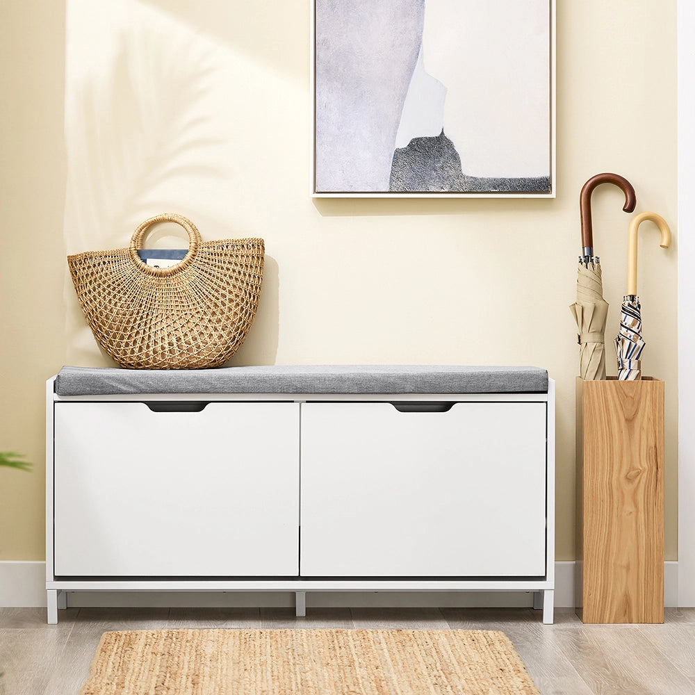 SoBuy Scarpiera Panca Ingresso Salvaspazio Panca Contenitore con Cuscino Imbottito e Struttura in MDF e Ferro, Carico Fino a 250kg, Design Nordic, Bianco e Grigio, 105x24x52 cm, FSR151-L-W