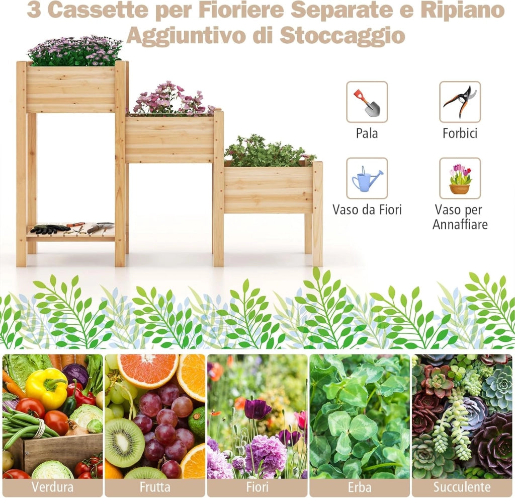 Aiuola da Giardino Rialzata a 3 Livelli in Legno con Ripiano, 3 Fioriere Rialzate, Fori di Drenaggio, Fioriera da Giardino per Frutta, Verdura, Fiore, Erba, 161 cm x 43 cm x 104 cm