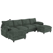 Divano modulare in chenille con 2 pouf contenitore; USB e Type-C; supporto telefono; 273;5x133x81 cm verde
