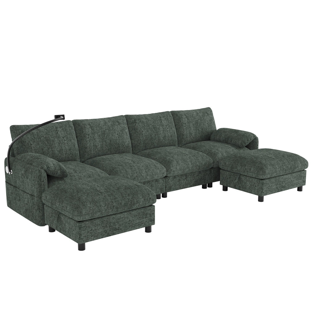 Divano modulare in chenille con 2 pouf contenitore; USB e Type-C; supporto telefono; 273;5x133x81 cm verde