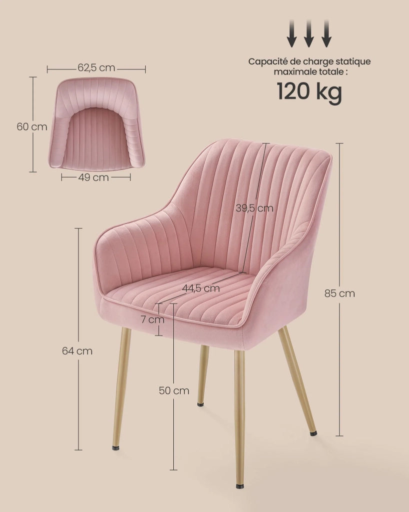 Sedia da pranzo poltrona seduta imbottita con braccioli larghezza seduta 49 cm gambe in metallo rivestimento in velluto portata 110 kg per soggiorno o camera da letto rosa 12_0004909
