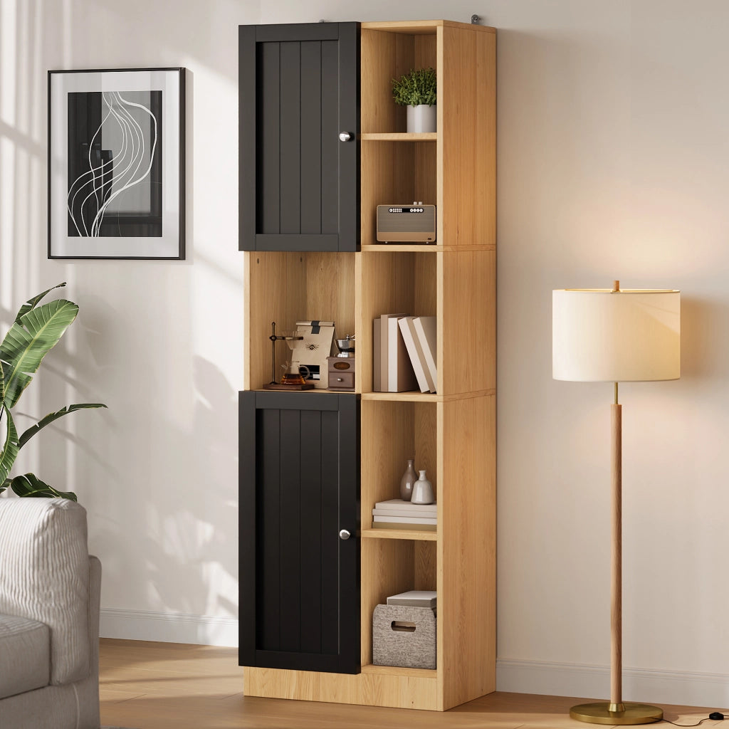 Mobile angolare alto con 6 ripiani aperti e 2 ante, scaffale salvaspazio per cucina e zona pranzo, 50×35,5×170 cm, antracite/effetto legno