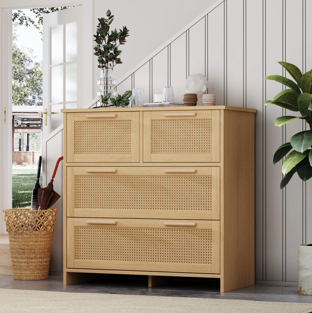 Cassettiera a 4 cassetti in MDF e rattan naturale 80x80x38 cm; naturale