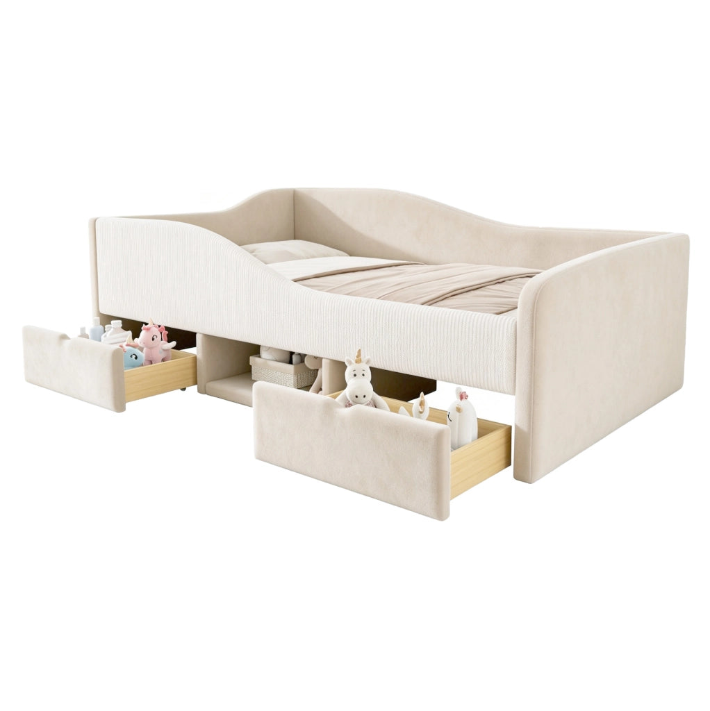Letto per bambini 90x190 cm con 2 cassetti e sponde in velluto beige