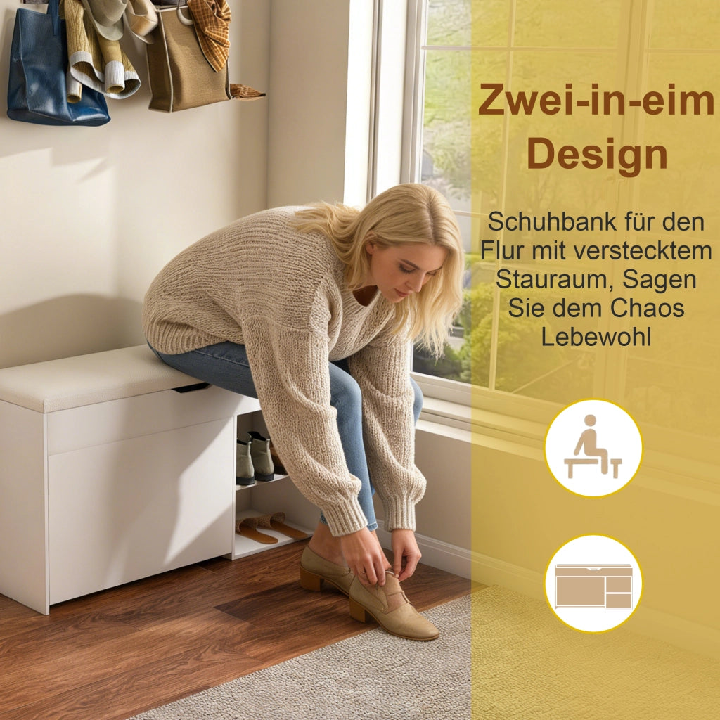 Scarpiera con seduta e vano interno girevole con coperchio apribile per ingresso e soggiorno in MDF bianco 100 × 30 × 52 cm