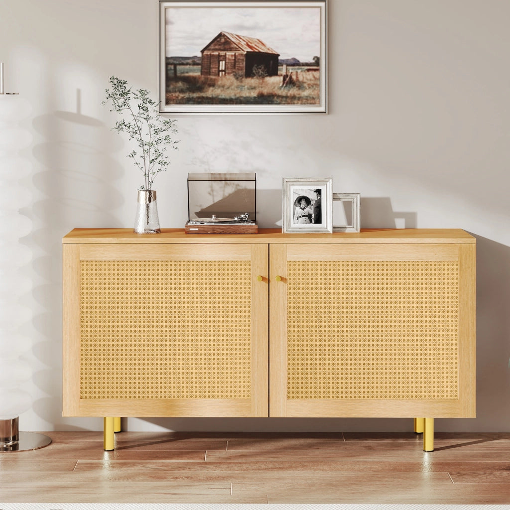 Mobile contenitore a 2 ante con ante in rattan intrecciato, struttura in MDF e piedini in metallo, finitura naturale 120×40×63 cm