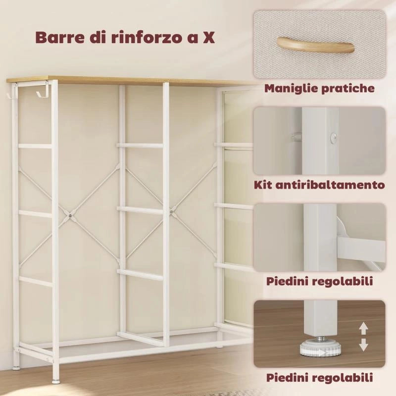 CASSETTIERA 8 CASSETTI PIEGHEVOLI CON 4 TASCHE E 2 GANCI, IN LEGNO, ACCIAIO E TESSUTO, 86X30X94.5 CM