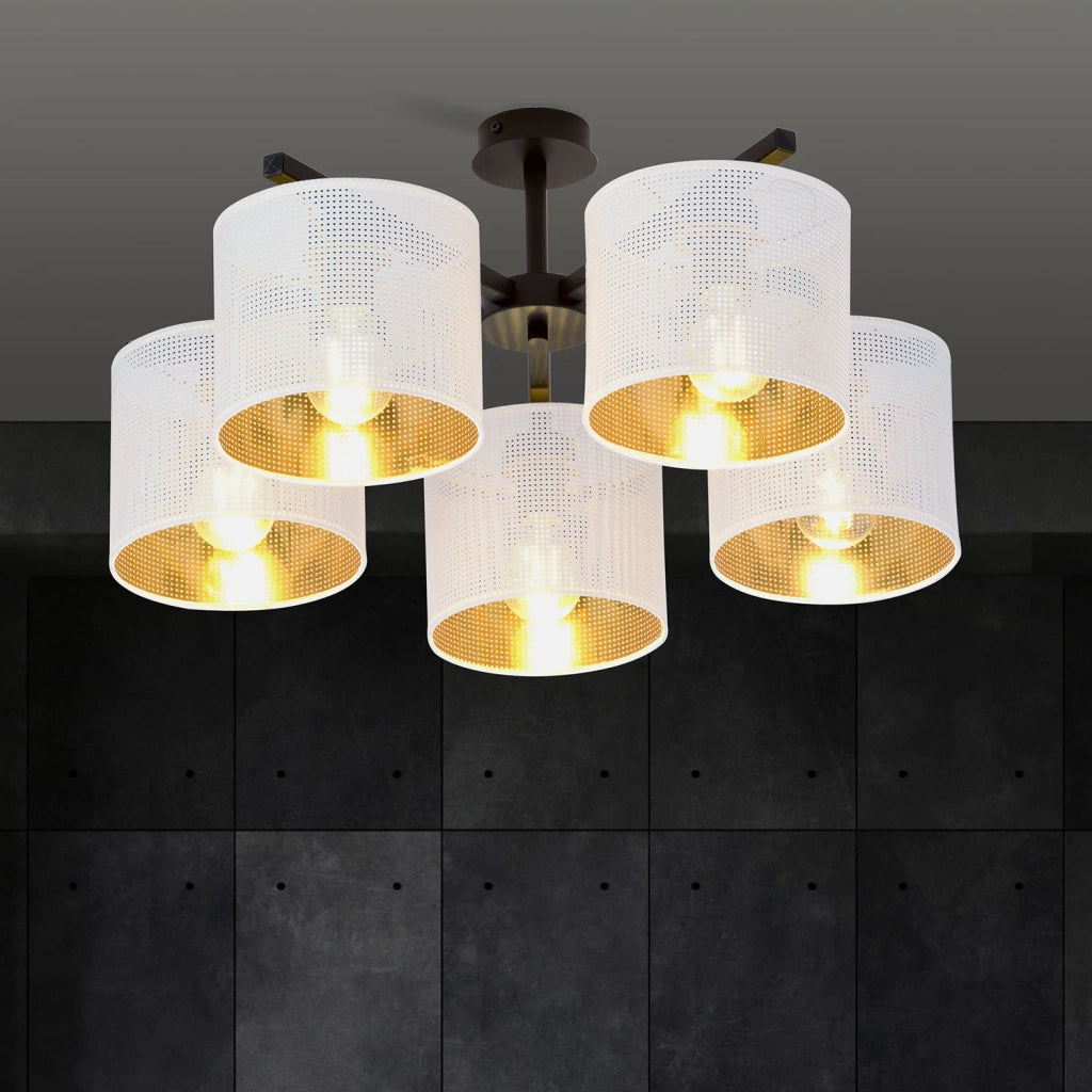 Plafoniera Industrial 5 Luci Cigno In Acciaio Bianco E Paralumi A Cilindro Oro