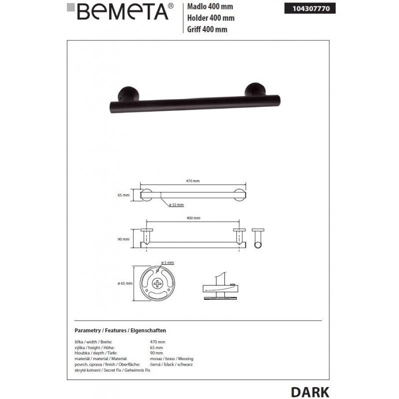 Maniglione doccia in ottone nero DARK 47 x9 x6,5 cm
