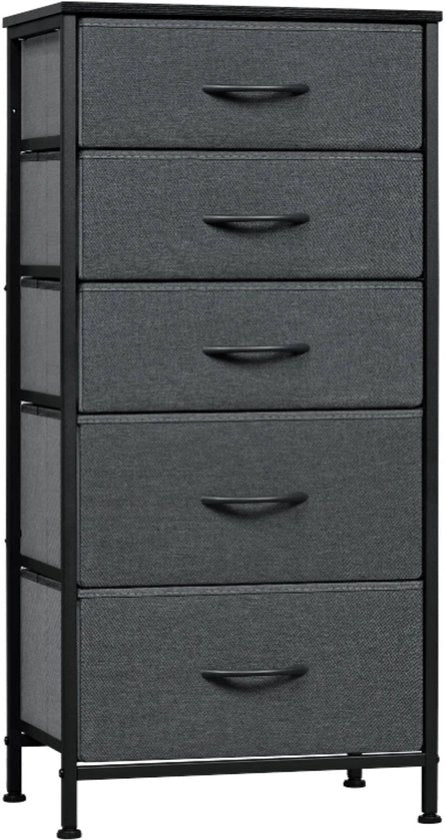 Cassettiere - Cassettiera con 5 Cassetti in Stoffa - Aspetto in Legno Vintage – Cassettiera Stabile - Struttura in Metallo – Adatta per Camera da Letto - Salotto - Hall - 45.5x95.5 x30cm - Grigio Scuro