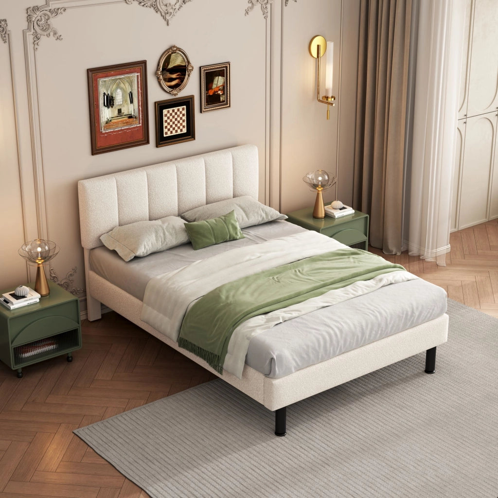Letto imbottito 140x190 cm in Sherpa beige con rete a doghe e piedi in ferro