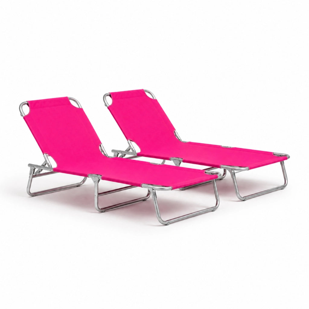 Coppia Di Sedie Sdraio Pieghevoli Prendisole Schienale Regolabile Reclinabile Struttura In Metallo Per Spiaggia Giardino Mare Piscina Senza Tettuccio 187 x 53 x 24 Cm Rosa