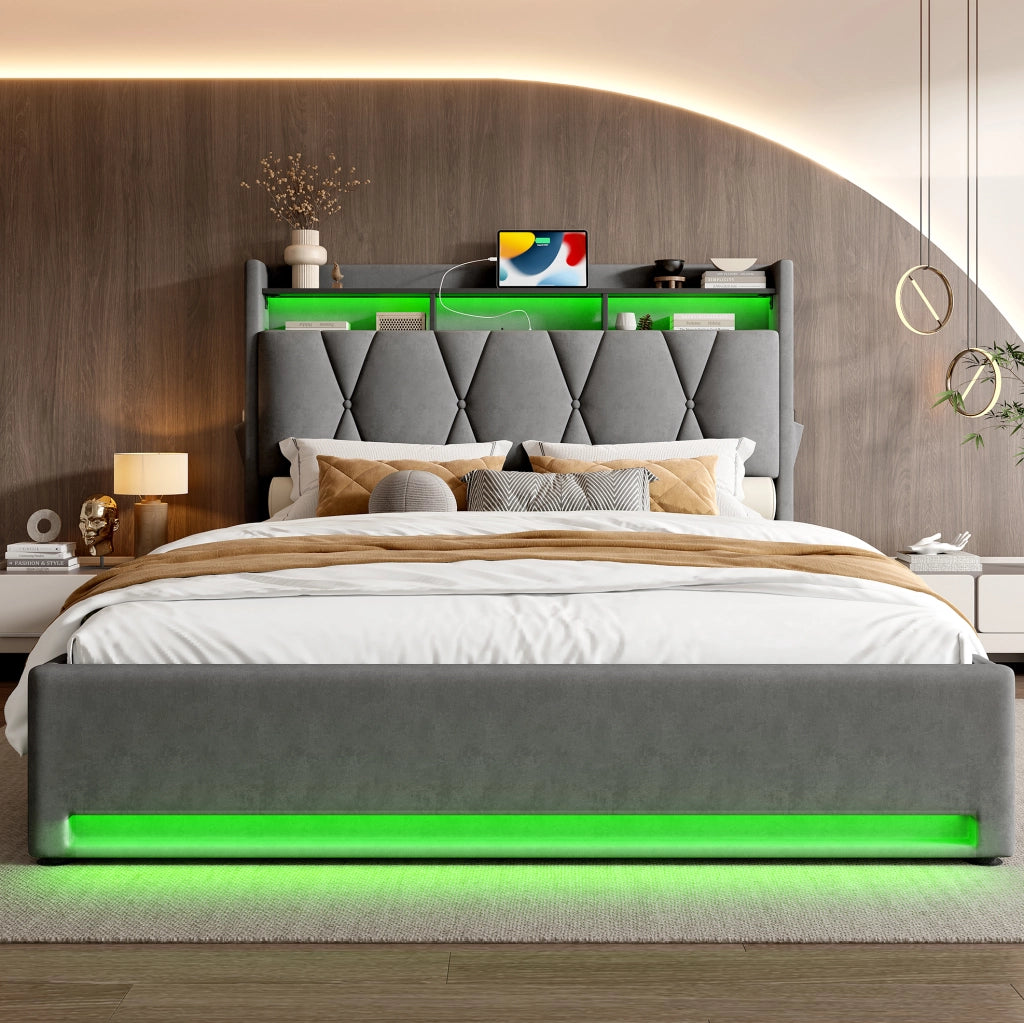 Letto imbottito 140x200 cm con LED, USB-C e vano contenitore