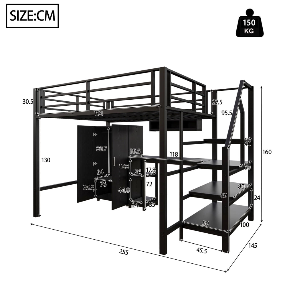 Letto a soppalco per bambini 140x200 cm con scrivania nero