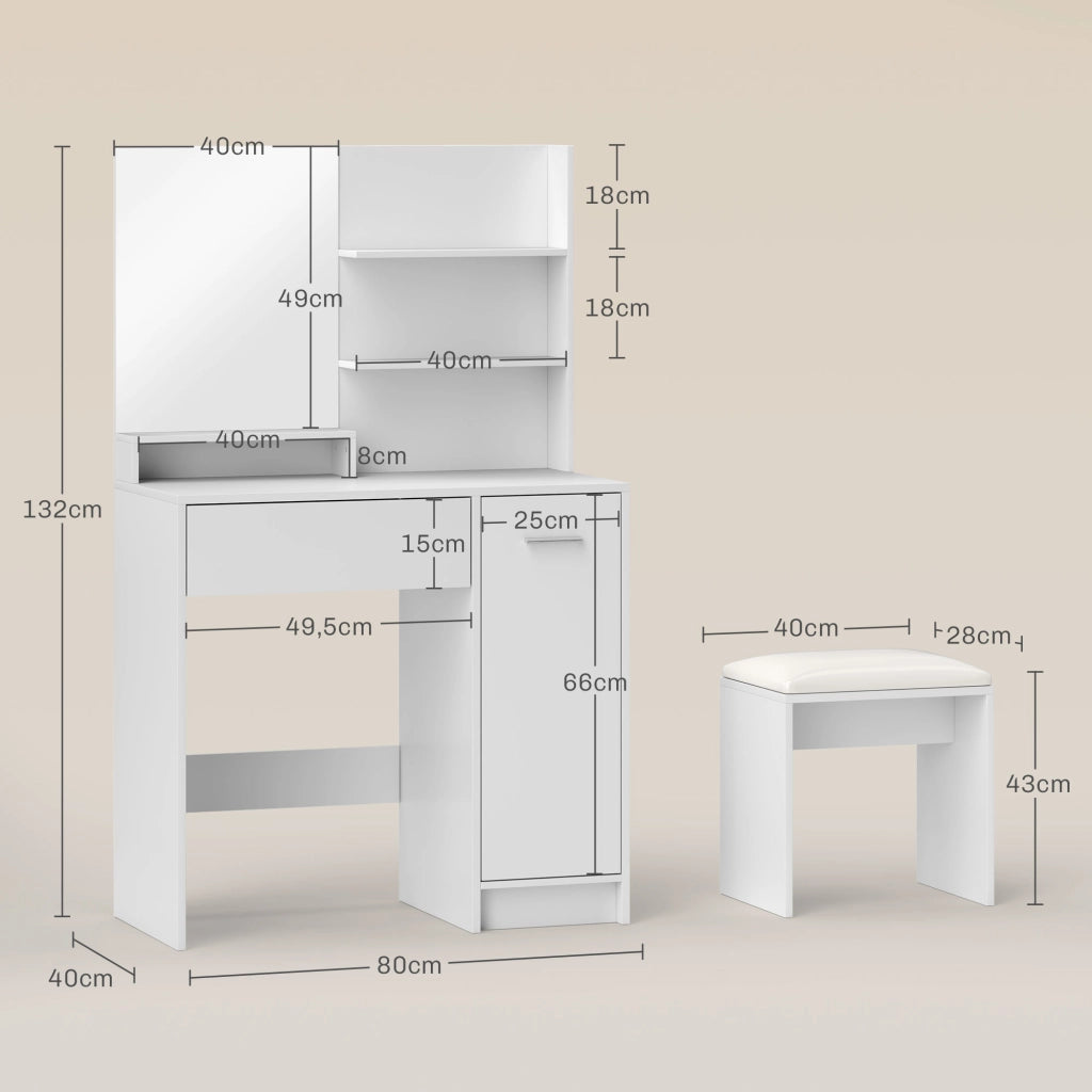 Scrivania con specchio e sgabello ¨C zephmum ¨C 80x40x132 cm, bianco