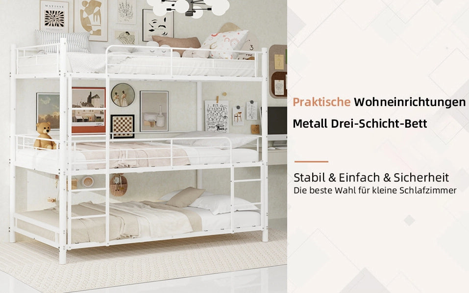 Letto a castello a tre posti 90x190 cm con due scale integrate in ferro bianco