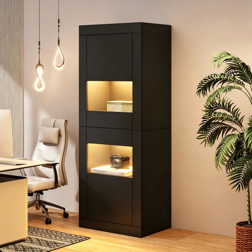 Vetrina a pavimento nera con LED e ripiani in vetro 61x42x162 cm