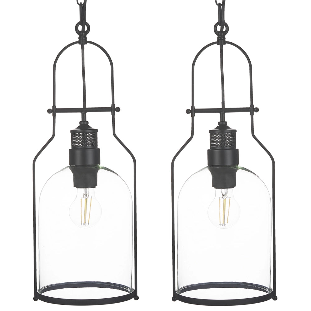 Set di 2 lampadari in metallo nero con paralume in vetro trasparente in stile retrò