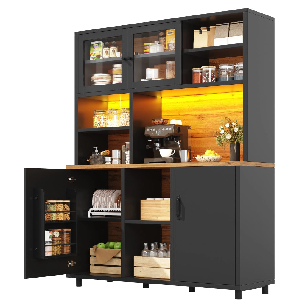 Armadio Alto con Ante Scorrevoli e Ripiani ¨C MINIMAL ¨C Nero con Venatura Legno, 185cm, LED