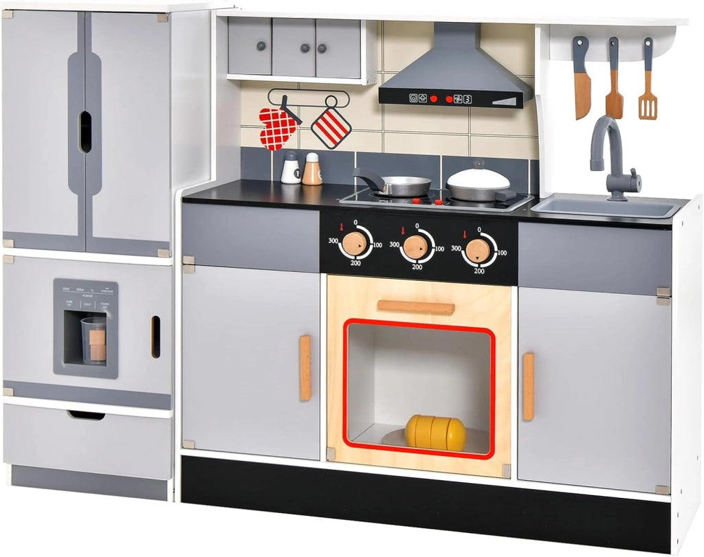 Cucina per Bambini in Legno con Funzione Luci e Suoni, Frigorifero, Macchina del Ghiaccio, Forno, Microonde, Lavello e Rubinetto, 3+ Anni