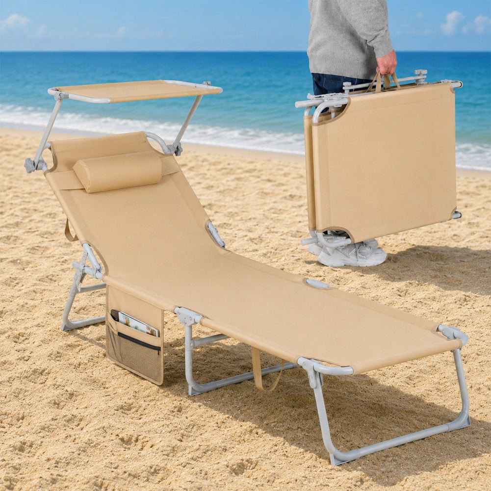 Lettino Pieghevole da Spiaggia Esterno Piscina Ecru Sdraio da Mare con Parasole