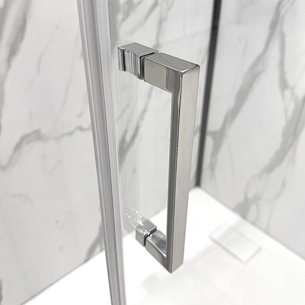 Box doccia angolare 90x90 con porta battente in vetro temperato trasparente e profili cromo Ted