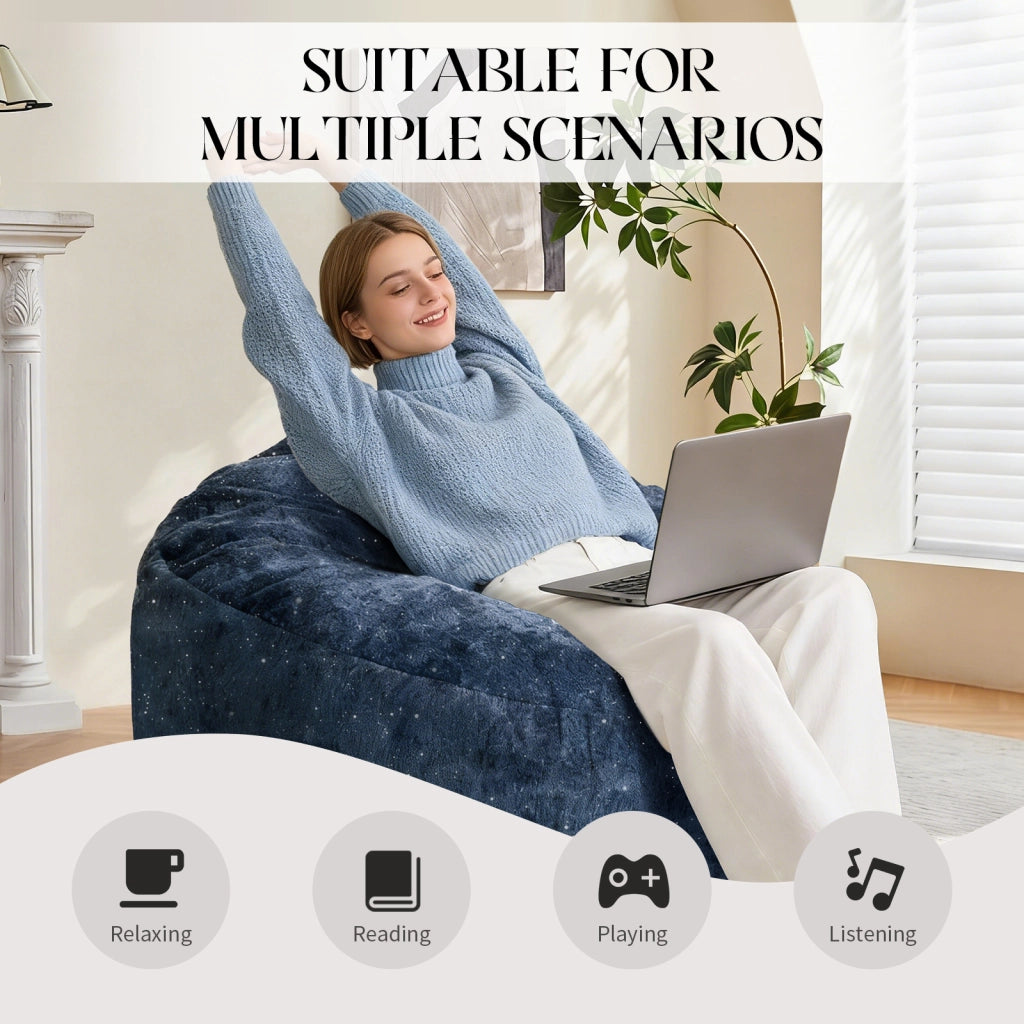 Fauteuil pouf ergonomico con schienale alto curvo e seduta profonda per relax e lettura in flanella blu da interno