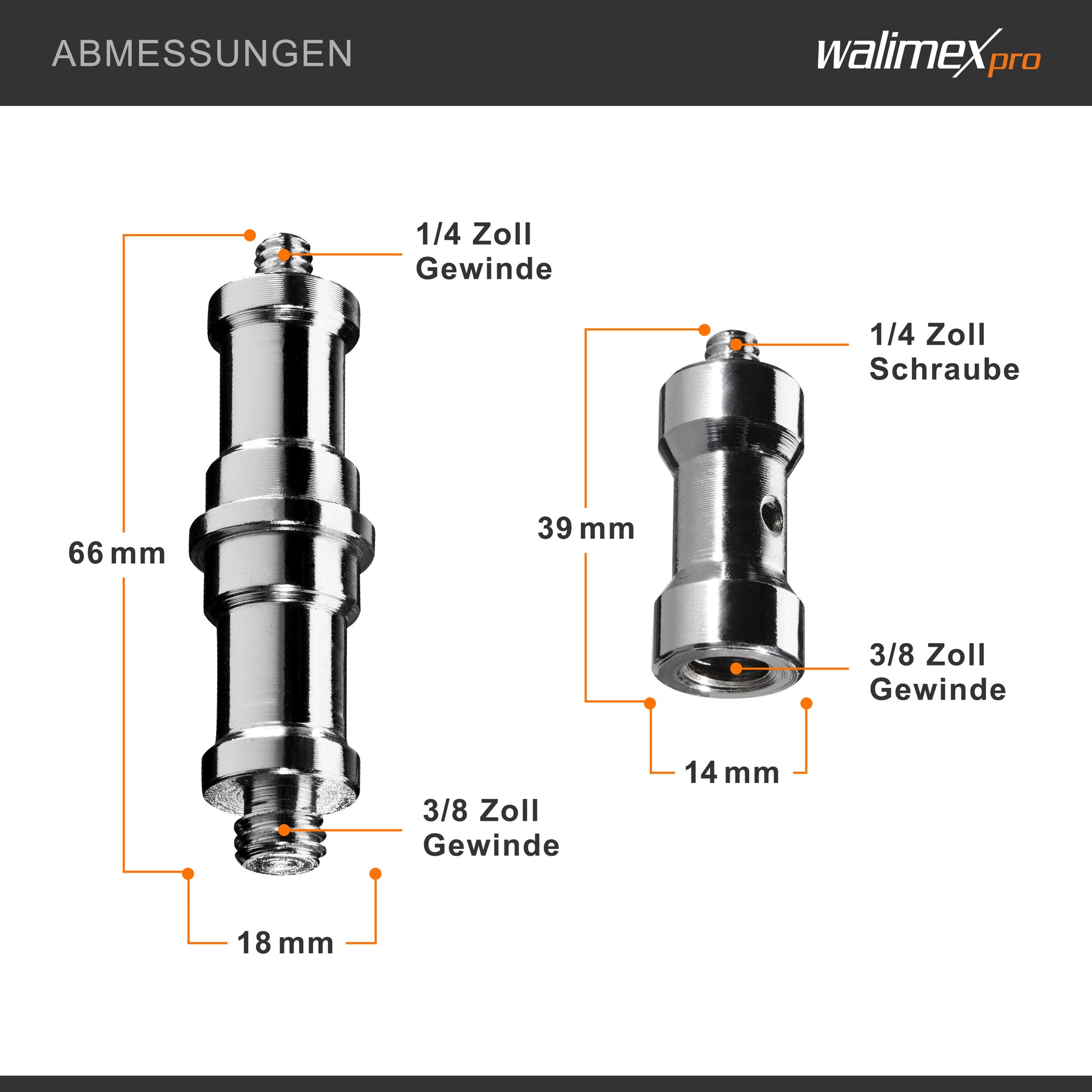 Walimex Set Spigot 4+4 Adattatori per filettatura 3/8“ 1/4” per collegamento accessori foto e video, allestimenti luci servizi fotografici