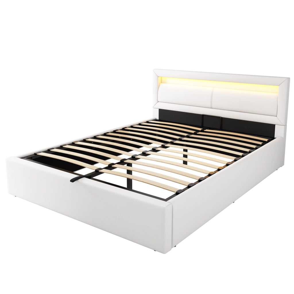 Letto imbottito 140x200 cm con rete a doghe, contenitore e LED, bianco, rivestimento in PU