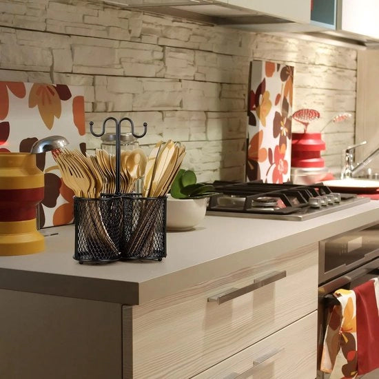 Houder per accessori da cucina in metallo con tre compartimenti per una magazzinazione organizzata degli utensili da cucina