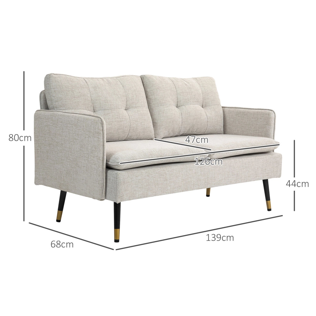 Divano 2 Posti 139x68x80 cm con Cuscini Imbottiti in Tessuto Effetto Lino Bianco Crema
