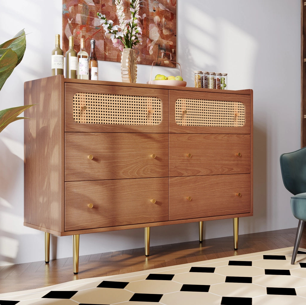 Cassettiera noce con 6 cassetti, dettagli in rattan e gambe in metallo