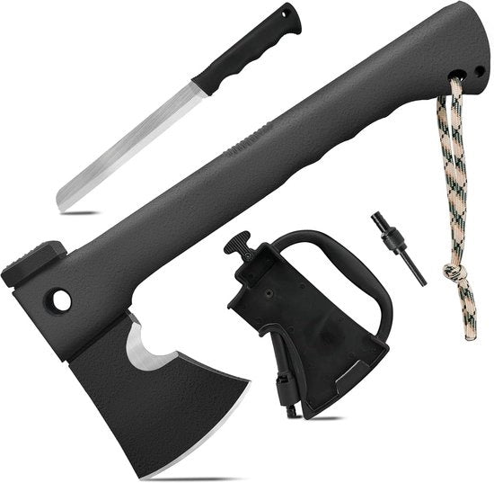 Bijl 6-in-1 per outdoor e campeggio - multifunzionale accetta con martello, tagliafune e altro