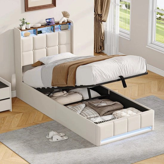 Letto per bambini 90x200cm, letto matrimoniale 140x200cm, letto con cassettone idraulico e illuminazione LED, letto singolo con U