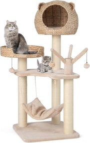 Tiragraffi per Gatti Adulti, Albero Tiragraffi con Cuccia, Piattaforma, Cuscini e Tiragraffi, Torre per Animali Domestici in Legno, 49,5 x 49,5 x 121 cm